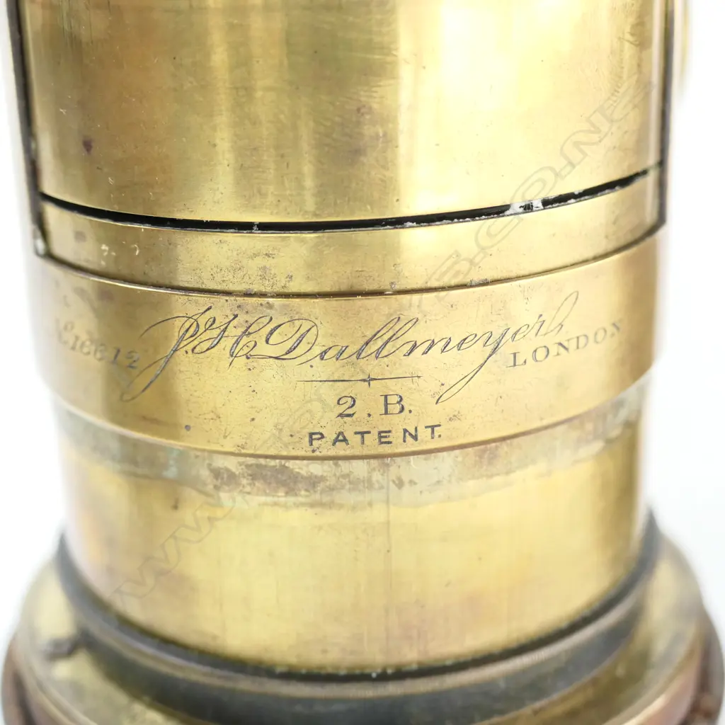 3 LARGE FORMAT BRASS CAMERA LENSES, ONE ENGRAVED J.H DALLMEYER 2B, PATENT, No.16612 Image 1++